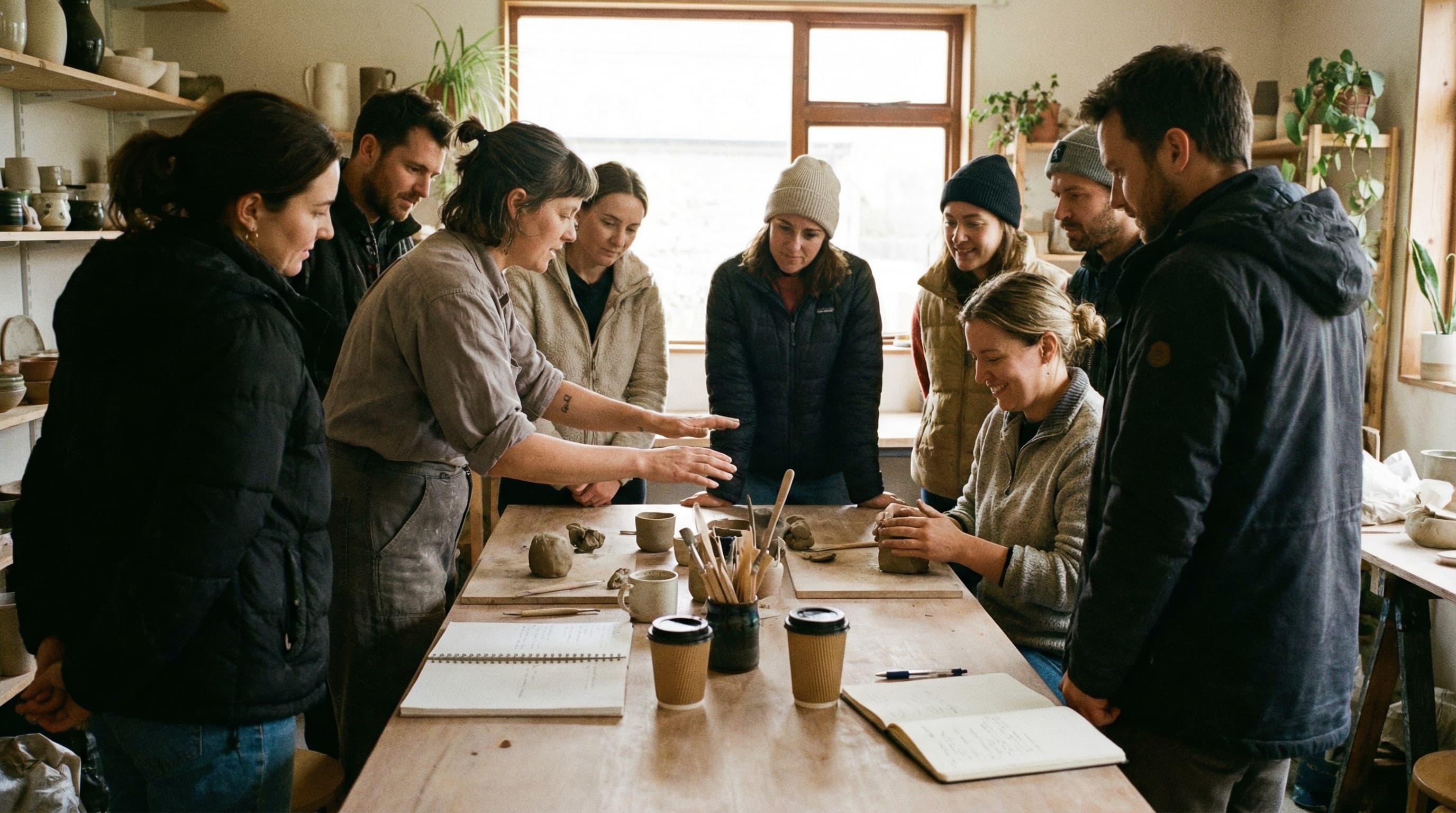 Workshop instructor helping participants around a shared craft table